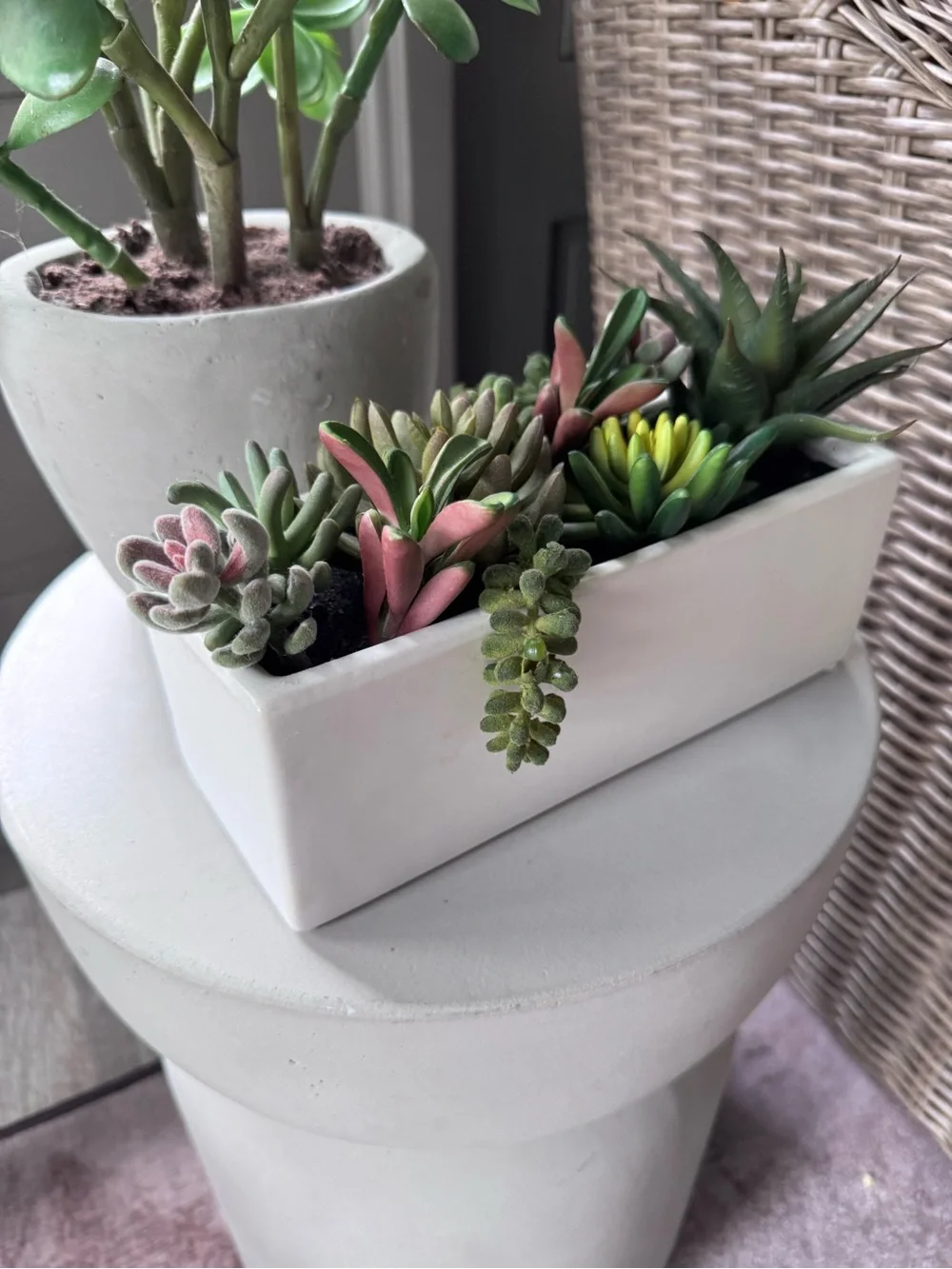 Faux Succulent Arrangement in White Rectangular Planter